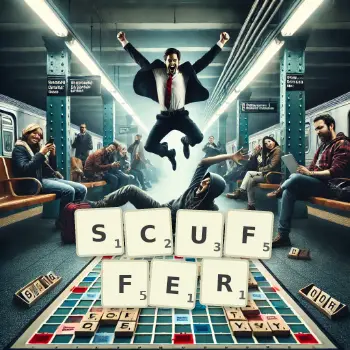 Creative illustration for a Scrabble game with the word SCUFFER spelled out in tiles on the board.