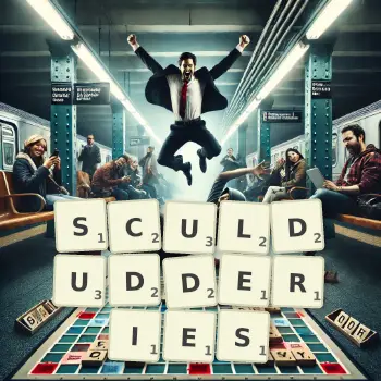 Creative illustration for a Scrabble game with the word SCULDUDDERIES spelled out in tiles on the board.