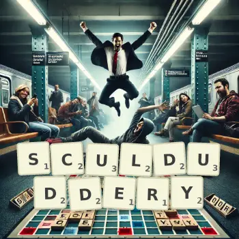 Creative illustration for a Scrabble game with the word SCULDUDDERY spelled out in tiles on the board.