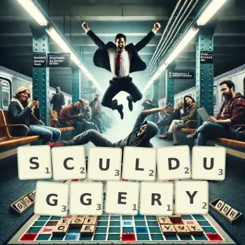 Creative illustration for a Scrabble game with the word SCULDUGGERY spelled out in tiles on the board.