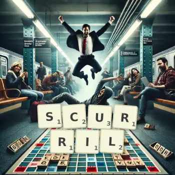 Creative illustration for a Scrabble game with the word SCURRIL spelled out in tiles on the board.
