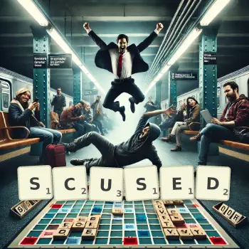 Creative illustration for a Scrabble game with the word SCUSED spelled out in tiles on the board.