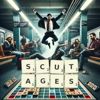 Creative illustration for a Scrabble game with the word SCUTAGES spelled out in tiles on the board.