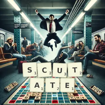 Creative illustration for a Scrabble game with the word SCUTATE spelled out in tiles on the board.