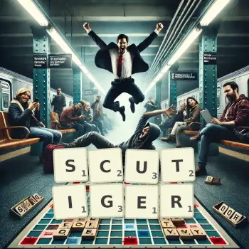 Creative illustration for a Scrabble game with the word SCUTIGER spelled out in tiles on the board.