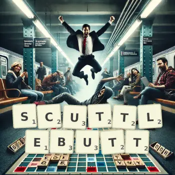 Creative illustration for a Scrabble game with the word SCUTTLEBUTT spelled out in tiles on the board.