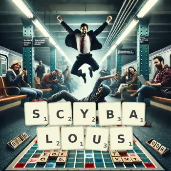Creative illustration for a Scrabble game with the word SCYBALOUS spelled out in tiles on the board.
