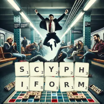 Creative illustration for a Scrabble game with the word SCYPHIFORM spelled out in tiles on the board.