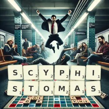 Creative illustration for a Scrabble game with the word SCYPHISTOMAS spelled out in tiles on the board.
