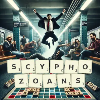 Creative illustration for a Scrabble game with the word SCYPHOZOANS spelled out in tiles on the board.