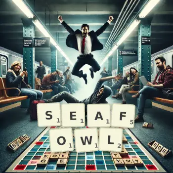 Creative illustration for a Scrabble game with the word SEAFOWL spelled out in tiles on the board.