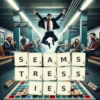 Creative illustration for a Scrabble game with the word SEAMSTRESSIES spelled out in tiles on the board.