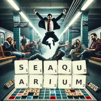 Creative illustration for a Scrabble game with the word SEAQUARIUM spelled out in tiles on the board.