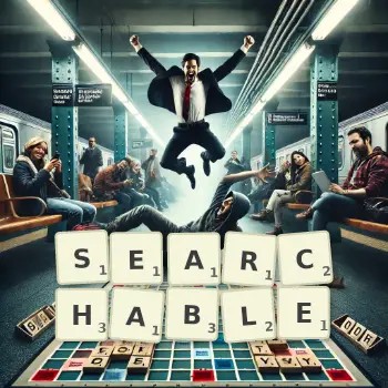 Creative illustration for a Scrabble game with the word SEARCHABLE spelled out in tiles on the board.
