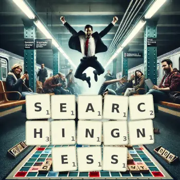 Creative illustration for a Scrabble game with the word SEARCHINGNESS spelled out in tiles on the board.