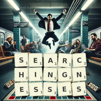 Creative illustration for a Scrabble game with the word SEARCHINGNESSES spelled out in tiles on the board.