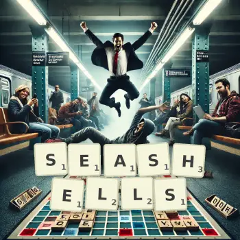 Creative illustration for a Scrabble game with the word SEASHELLS spelled out in tiles on the board.