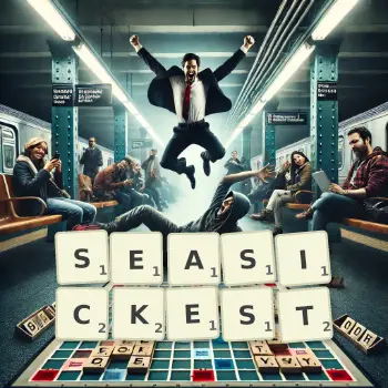Creative illustration for a Scrabble game with the word SEASICKEST spelled out in tiles on the board.
