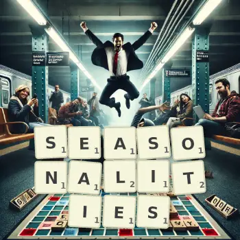 Creative illustration for a Scrabble game with the word SEASONALITIES spelled out in tiles on the board.