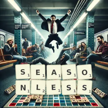 Creative illustration for a Scrabble game with the word SEASONLESS spelled out in tiles on the board.