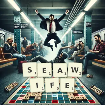 Creative illustration for a Scrabble game with the word SEAWIFE spelled out in tiles on the board.