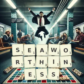 Creative illustration for a Scrabble game with the word SEAWORTHINESS spelled out in tiles on the board.