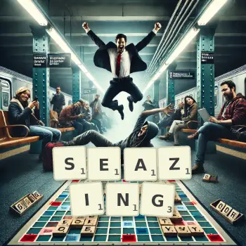 Creative illustration for a Scrabble game with the word SEAZING spelled out in tiles on the board.