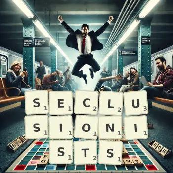 Creative illustration for a Scrabble game with the word SECLUSIONISTS spelled out in tiles on the board.