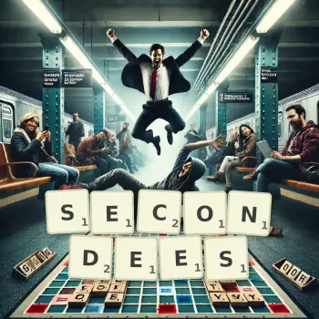 Creative illustration for a Scrabble game with the word SECONDEES spelled out in tiles on the board.
