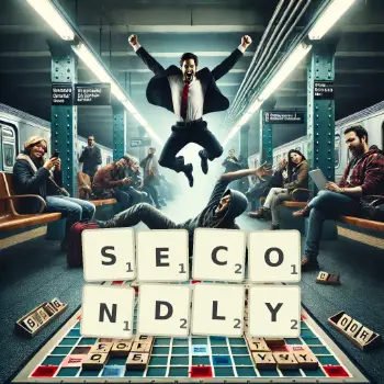 Creative illustration for a Scrabble game with the word SECONDLY spelled out in tiles on the board.