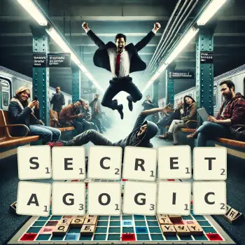 Creative illustration for a Scrabble game with the word SECRETAGOGIC spelled out in tiles on the board.