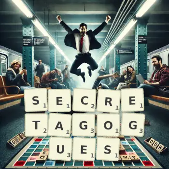 Creative illustration for a Scrabble game with the word SECRETAGOGUES spelled out in tiles on the board.