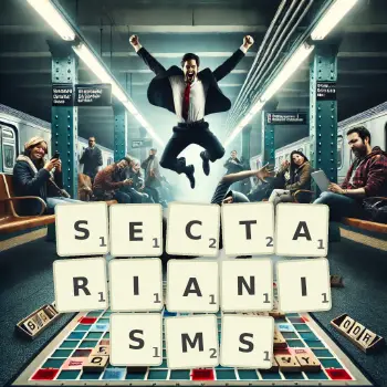 Creative illustration for a Scrabble game with the word SECTARIANISMS spelled out in tiles on the board.