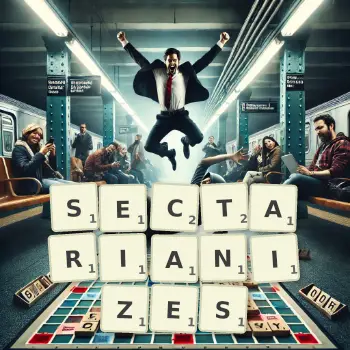 Creative illustration for a Scrabble game with the word SECTARIANIZES spelled out in tiles on the board.