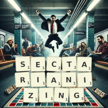 Creative illustration for a Scrabble game with the word SECTARIANIZING spelled out in tiles on the board.