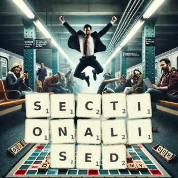 Creative illustration for a Scrabble game with the word SECTIONALISED spelled out in tiles on the board.