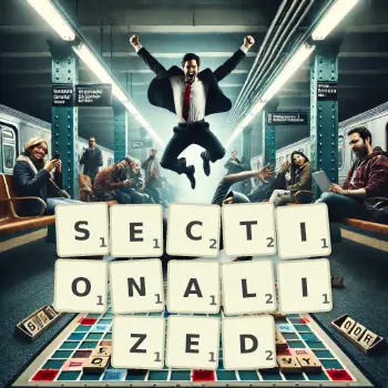 Creative illustration for a Scrabble game with the word SECTIONALIZED spelled out in tiles on the board.