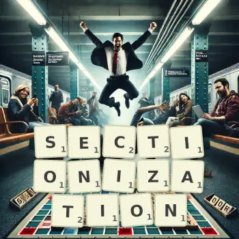 Creative illustration for a Scrabble game with the word SECTIONIZATION spelled out in tiles on the board.