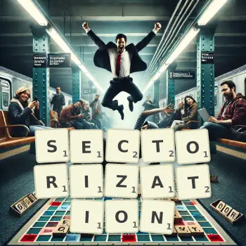 Creative illustration for a Scrabble game with the word SECTORIZATION spelled out in tiles on the board.