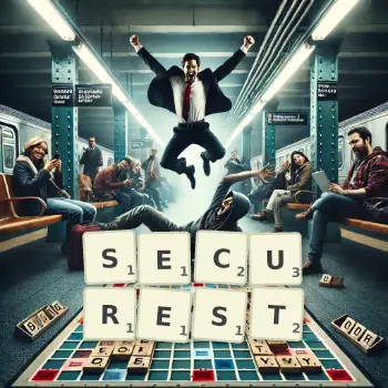 Creative illustration for a Scrabble game with the word SECUREST spelled out in tiles on the board.