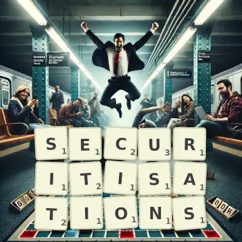 Creative illustration for a Scrabble game with the word SECURITISATIONS spelled out in tiles on the board.