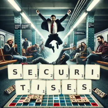 Creative illustration for a Scrabble game with the word SECURITISES spelled out in tiles on the board.