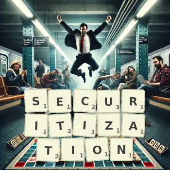 Creative illustration for a Scrabble game with the word SECURITIZATION spelled out in tiles on the board.