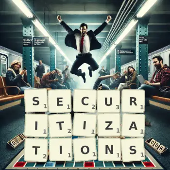 Creative illustration for a Scrabble game with the word SECURITIZATIONS spelled out in tiles on the board.