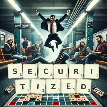 Creative illustration for a Scrabble game with the word SECURITIZED spelled out in tiles on the board.