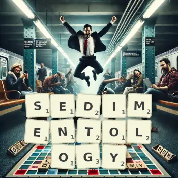 Creative illustration for a Scrabble game with the word SEDIMENTOLOGY spelled out in tiles on the board.