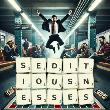 Creative illustration for a Scrabble game with the word SEDITIOUSNESSES spelled out in tiles on the board.