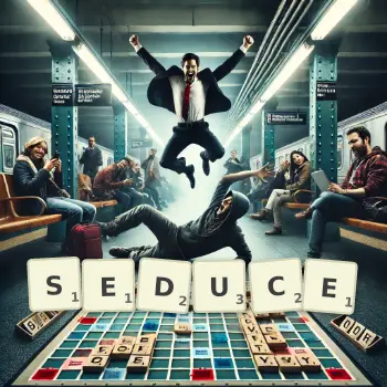 Creative illustration for a Scrabble game with the word SEDUCE spelled out in tiles on the board.