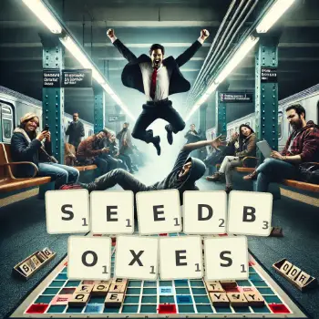 Creative illustration for a Scrabble game with the word SEEDBOXES spelled out in tiles on the board.