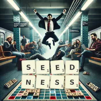 Creative illustration for a Scrabble game with the word SEEDNESS spelled out in tiles on the board.